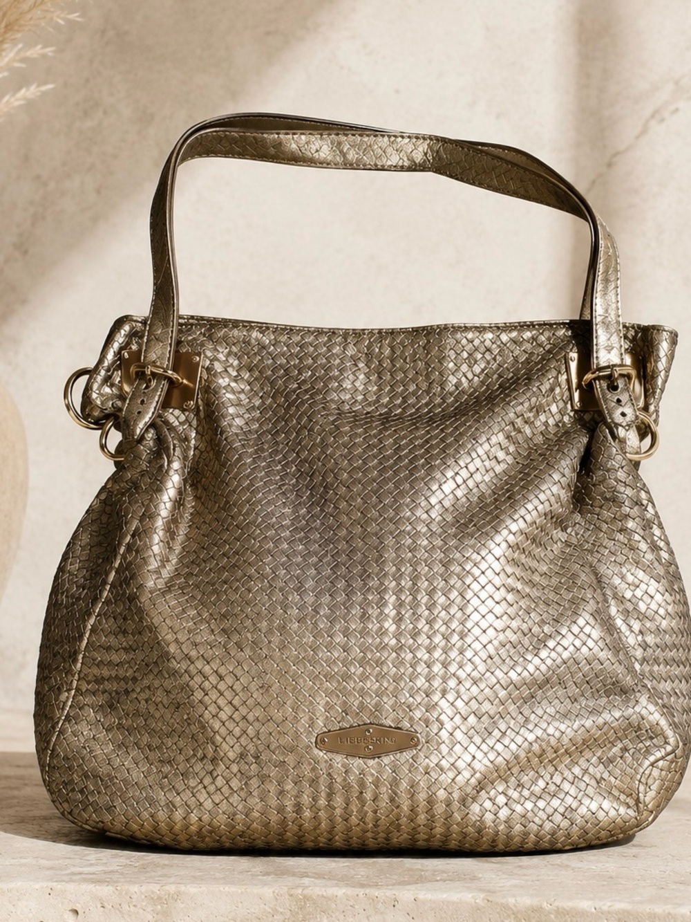 Elliott Lucca Woven Metallic Leather Hobo Bag Slouchy Boho Luxe Purse Beach Tote